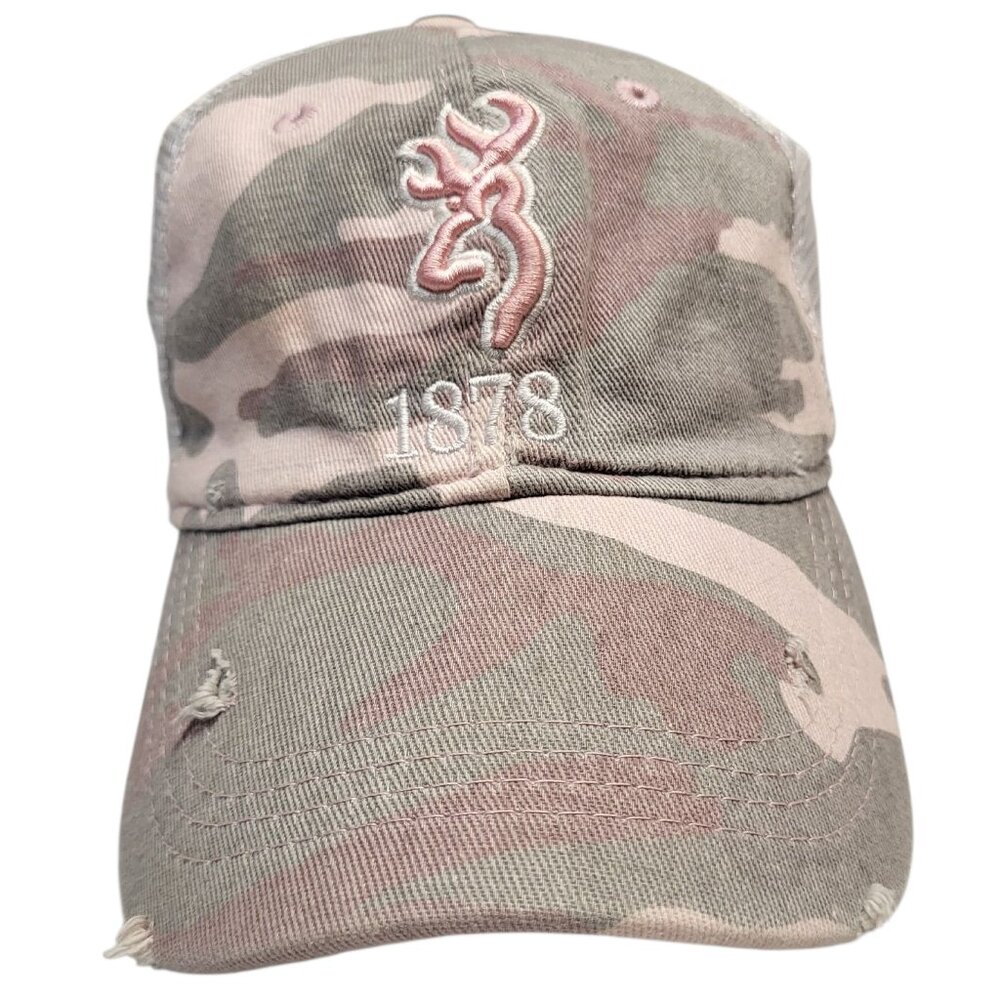 Browning Womens Buckmark Digby Cap Camo White Mesh Snap Back Distressed